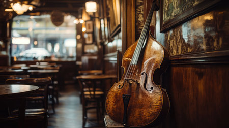 A vintage wooden double bass stands against a wall in a cozy restaurant, highlighting the warm lighting and rustic decor, creating an inviting ambiance perfect for music lovers.の素材