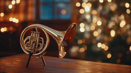 A stunning brass horn elegantly displayed on a wooden table, accentuated by beautiful blurred Christmas lights, creating a warm and inviting holiday atmosphere.の素材