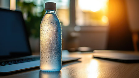 A condensation-covered water bottle sits on a wooden desk in a bright office, showcasing simplicity and refreshment as sunlight bathes the workspace in warm hues.の素材