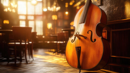A beautifully crafted double bass stands in a cozy bar, illuminated by soft light, creating a captivating musical ambiance perfect for evening relaxation and artistic enjoyment.の素材