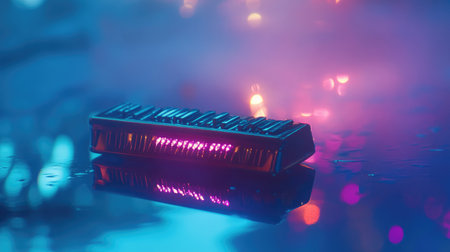 A harmonica rests on a glossy surface, surrounded by vibrant bokeh lights, creating a serene atmosphere full of creativity and musical inspiration.の素材