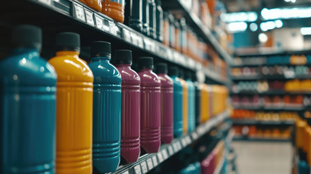 A vivid assortment of colorful bottles arranged on a retail shelf, highlighting organized displays that attract consumer attention and enhance shopping experiences in store environments.の素材