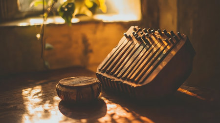 A beautifully crafted wooden kalimba and small drum sit against a softly lit background, creating a serene atmosphere perfect for music lovers and artistic decor enthusiasts.の素材