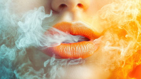 A captivating close-up of a woman's lips adorned with vibrant orange lipstick, enveloped in colorful smoke, creating an artistic and dreamy ambiance.の素材