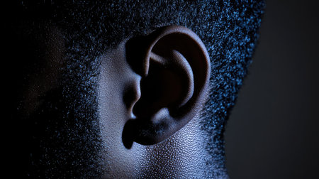 A close-up photograph of a male ear highlighting intricate skin texture and hair, dramatically illuminated against a dark background to create stunning visual appeal.の素材