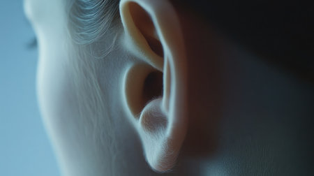 This close-up image of a human ear highlights intricate details such as skin texture and cartilage in soft lighting, ideal for educational or artistic purposes.の素材