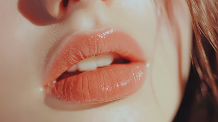 This close-up image captures glossy peach lips, radiating natural shine and soft texture, ideal for beauty and cosmetics themes in fashion photography.の素材