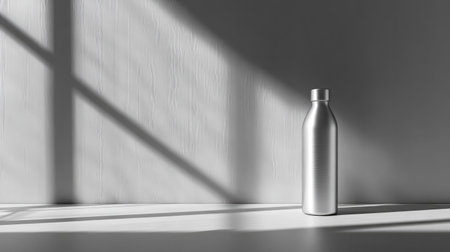 A sleek silver water bottle stands alone on a flat surface, beautifully illuminated by natural light that creates striking shadows against a textured wall.の素材