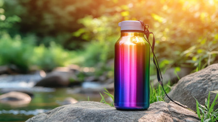 A vibrant stainless steel water bottle stands on a rock beside a stream in a lush green forest, glistening in the sunlight, perfect for outdoor adventures and hydration.の素材