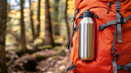 A stainless steel water bottle secured to an orange hiking backpack against a backdrop of an autumn forest with vibrant leaves and tall trees, perfect for outdoor enthusiasts.の素材