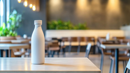 A serene image of a white bottle placed on a wooden table in a modern restaurant, showcasing a warm and inviting ambiance, ideal for food and beverage content.の素材
