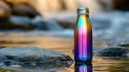 A vibrant iridescent water bottle stands on rocks beside a flowing stream, showcasing a blend of natural beauty and sustainable living in a tranquil outdoor setting.の素材