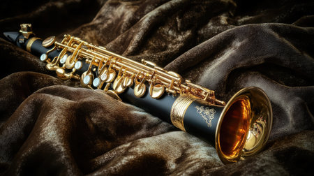 A stunning close-up of a brass saxophone elegantly placed on a luxurious fabric background, showcasing the instrument's intricate craftsmanship and design details.の素材