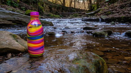 A colorful reusable water bottle rests on a smooth rock next to a flowing stream, encapsulating the essence of nature, hydration, and outdoor adventures.の素材