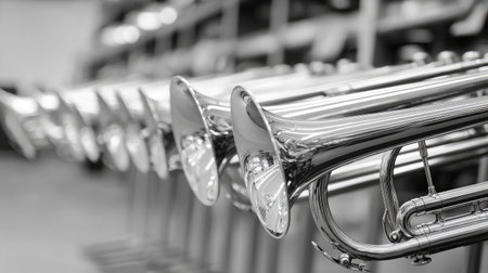 This captivating black and white image features a series of polished tubas arranged in a music studio, highlighting their gleaming surfaces and intricate details.の素材
