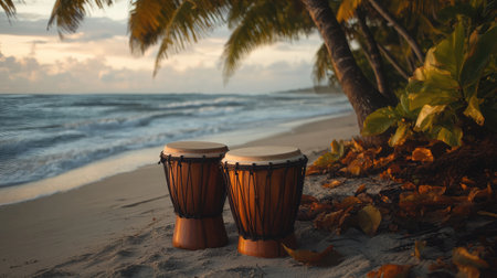 A tranquil beach scene features wooden drums placed on the sand, with gentle waves and lush palm trees creating a serene atmosphere during sunset.の素材