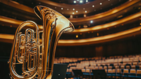 A captivating close-up of a gleaming brass tuba set against a modern concert hall. The empty auditorium showcases stunning architectural design and elegant lighting.の素材