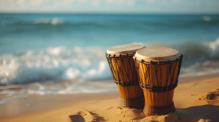 Discover a stunning scene featuring vibrant African drums placed on sandy beach with gentle ocean waves, evoking feelings of relaxation and joy in a tropical setting.の素材