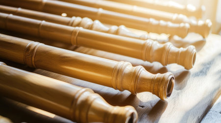 A stunning collection of wooden rods arranged neatly, illuminated by soft sunlight, highlighting their unique textures and grains, perfect for artistic and design projects.の素材