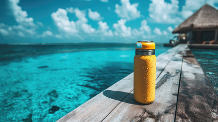 A striking yellow water bottle sits on a wooden dock, surrounded by the breathtaking beauty of a turquoise ocean and fluffy clouds under an inviting sky.の素材