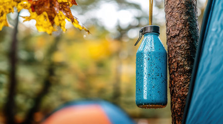 A vibrant blue water bottle is suspended from a tree branch at a serene campsite, surrounded by colorful autumn leaves and soft-focused camping tents in the background.の素材
