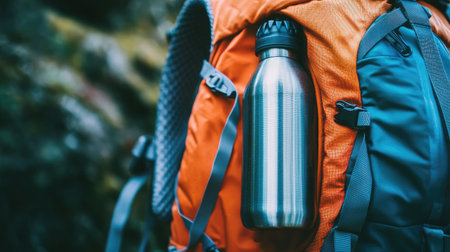 A sleek stainless steel water bottle is conveniently attached to a vibrant hiking backpack, ideal for hydration during outdoor adventures and promoting eco-friendly practices.の素材