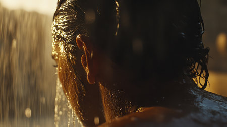 A captivating moment captures a person enjoying a soothing shower under a waterfall, surrounded by nature, with radiant sunlight illuminating their wet skin and hair.の素材