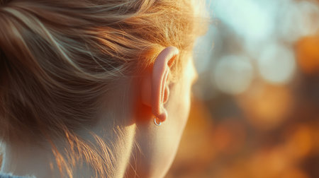 This captivating portrait showcases a young woman from behind, highlighting her delicate ear and flowing hair, set against a backdrop of warm autumn colors that evoke peaceful thoughts.の素材