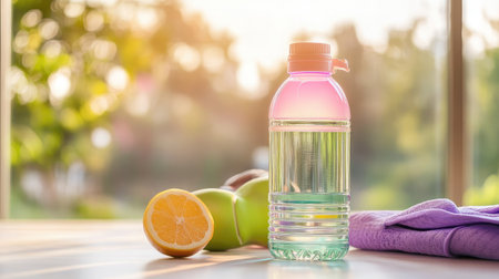 A vibrant water bottle, fresh lemon slice, dumbbell, and towel are captured in sunlight, symbolizing hydration, fitness, and wellness in an energizing environment.の素材