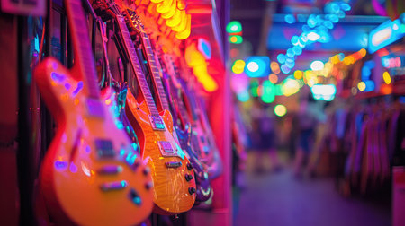 A stunning view of electric guitars illuminated by vibrant neon lights in a dynamic music store, creating an energetic atmosphere that celebrates creativity and musical passion.の素材