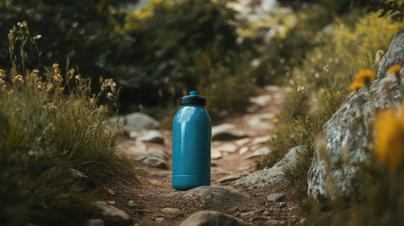 A striking blue water bottle rests on a dirt path, embraced by vibrant wildflowers and greenery, capturing the essence of outdoor adventure and hydration in nature.の素材