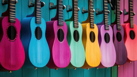 This image features a charming collection of colorful ukuleles arranged on a wall, providing a lively and artistic backdrop perfect for music lovers and creatives.の素材