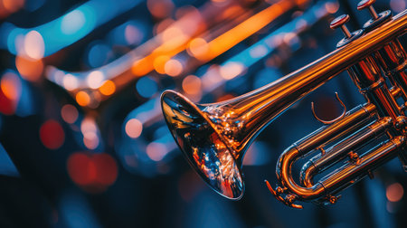 Explore the intricate details of a trumpet in this close-up shot, featuring stunning reflections and vibrant colors that evoke the energy of live music performances.の素材