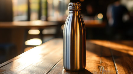 A stylish metal water bottle stands elegantly on a wooden table, capturing the essence of modern eco-friendly living with its sleek design and warm background ambiance.の素材