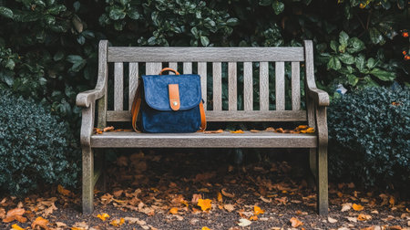 A serene scene featuring a stylish backpack resting on a park bench amidst colorful autumn leaves, inviting a moment of tranquility and connection with natureの素材