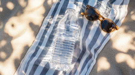 A transparent water bottle and stylish sunglasses rest on a striped towel, showcasing a tranquil beach scene perfect for relaxation and hydration under the dappled sunlight.の素材