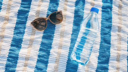 Enjoy a sunny day at the beach featuring sunglasses and a refreshing bottle of water on a vibrant striped blanket, perfect for summer relaxation.の素材