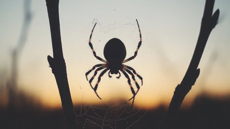 A striking silhouette of a spider on its web captures the essence of nature, illuminated by the warm glow of a sunset, highlighting outdoor beauty and tranquility.の素材
