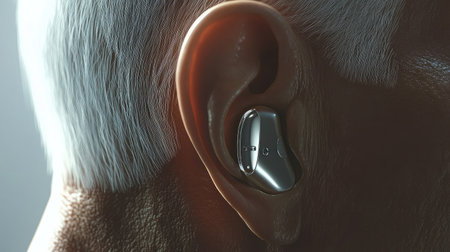 A detailed close-up image showcasing a sleek hearing aid in a human ear, reflecting modern advancements in audio technology for individuals with hearing challenges.の素材