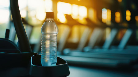 A clear water bottle placed in a gym environment enhances the focus on hydration during workouts, surrounded by fitness equipment and bathed in warm sunlight.の素材