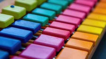 A close-up view of a colorful xylophone showcasing its vibrant bars, perfect for children's music education and engaging playtime experiences. Ideal for early development activities.の素材