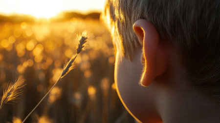 A young boy enjoys a serene moment in a golden wheat field at sunset, reflecting on nature's beauty and the simplicity of childhood joy as the sun sets.の素材