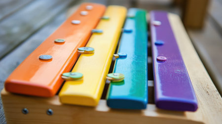 A vibrant and colorful wooden xylophone, perfect for educational settings, featuring vivid bars that invite children to explore music and sound creatively.の素材