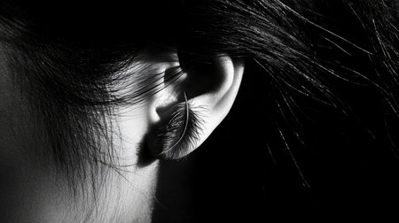 A striking close-up image of a human ear, beautifully showcasing delicate hair and texture in black and white, highlighting the artistry in anatomical features and shadows.の素材