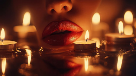 A stunning close-up of glossy lips illuminated by flickering candlelight, creating a serene and romantic atmosphere perfect for beauty and relaxation themes.の素材