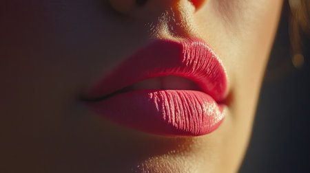This stunning close-up showcases a woman's lips adorned with vibrant pink lipstick, emphasizing the beauty and allure of feminine features in natural light.の素材