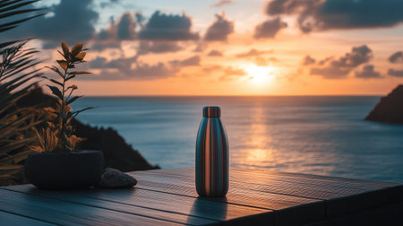 A stunning metal water bottle sits on a wooden table, capturing the essence of a serene sunset over the ocean, surrounded by lush greenery, perfect for outdoor moments.の素材