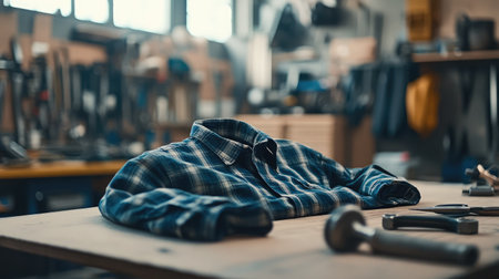 A headless flannel shirt drapes on a wooden workbench in a cozy workshop filled with tools, creating a unique still-life scene that highlights craftsmanship and creativity.の素材