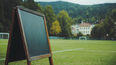 A rustic chalkboard stands empty on a vibrant soccer field surrounded by lush trees, providing a perfect setting for sports planning or coaching strategies in a picturesque environment.の素材