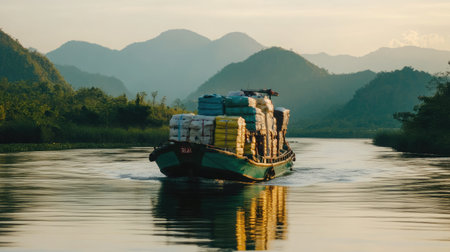 A serene scene of a freight boat navigating a calm river at sunset, surrounded by majestic mountains and lush greenery, reflecting the vibrant colors of nature.の素材